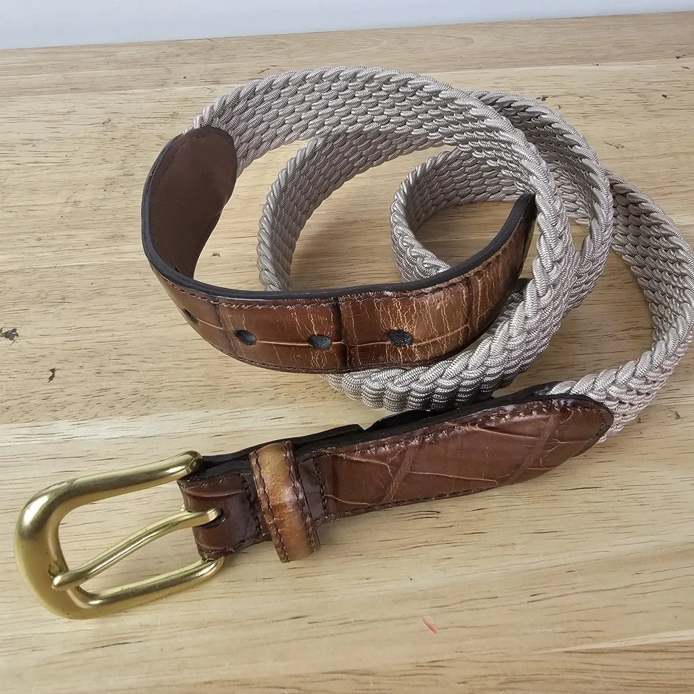 Brighton Mens 42‎ Brown Leather Woven Stretch Belt Gold Buckle Croc Trim 3350